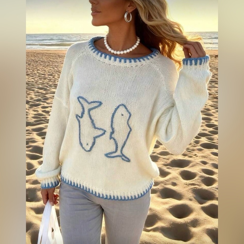 Cream Crewneck Sweater with Blue Whale Design - Women